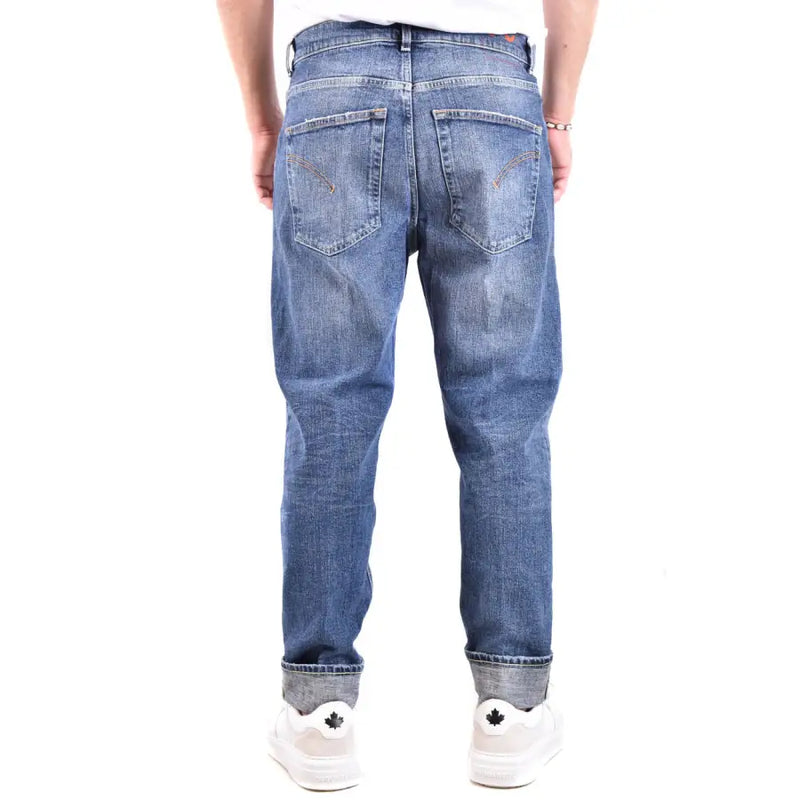 Dondup blue distressed denim jeans for men featuring faded wash and rolled cuffs in durable denim material