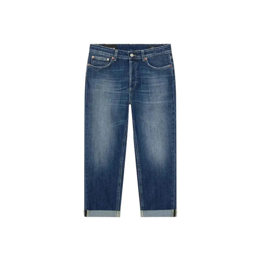 Blue denim jeans with worn out effect and cuffed ankles displayed in Dondup product image