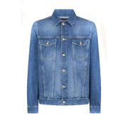 Dondup men blazer blue long medium-wash denim jacket with collar front button closure two chest pockets 100% cotton spring summer