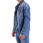 Dondup men blazer blue long medium-wash denim jacket with classic stitching 100% cotton spring summer