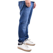 Jean homme Dondup en denim bleu, coupe droite classique, ourlets roulés, en coton stretch fabriqué en Italie