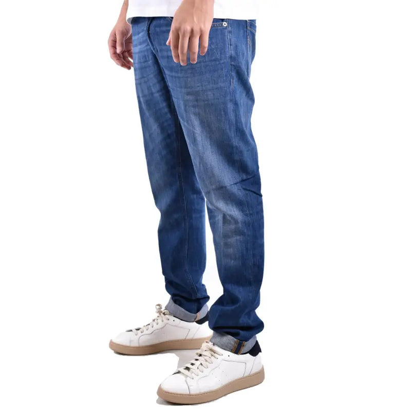 Jean slim bleu en denim avec ourlets roulés, en coton stretch de la marque Dondup hommes fabriqués en Italie
