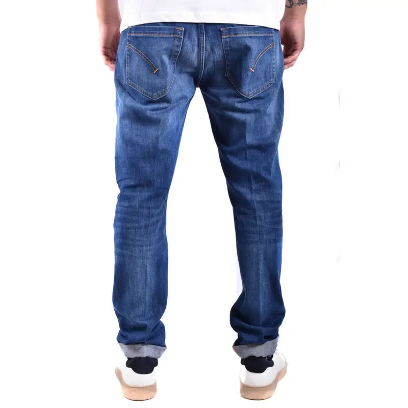 Jean homme Dondup en denim bleu coupe classique avec ourlets roulés, fabriqué en Italie dans une matière stretch en coton.