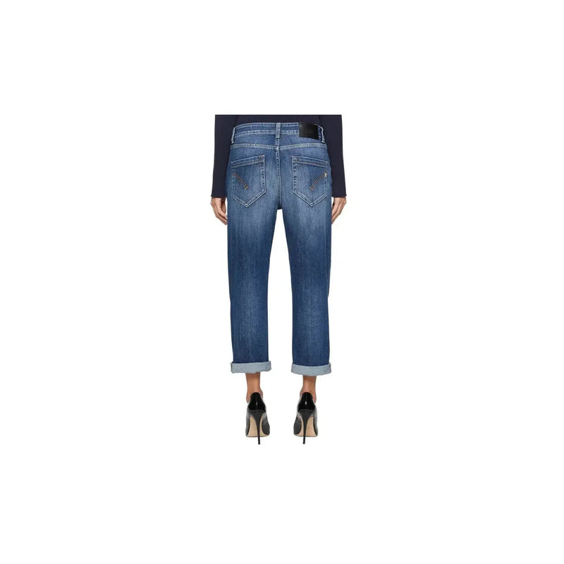 Dondup Jean en denim de coton bleu pour femme, effet usé, ourlets retroussés et étiquette de marque en cuir noir à la taille.