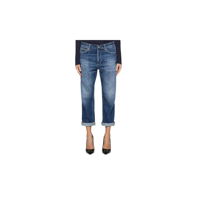Dondup Jean en denim de coton bleu pour femme, délavage moyen, taille mi-haute, coupe droite, ourlets roulés et coutures traditionnelles