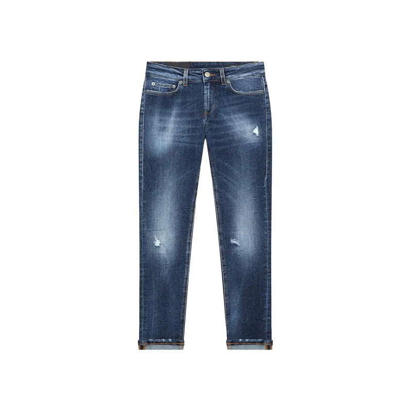 Dondup Jean en coton bleu déchiré pour femme, avec un délavage foncé subtil et des empiècements usés sur les cuisses.