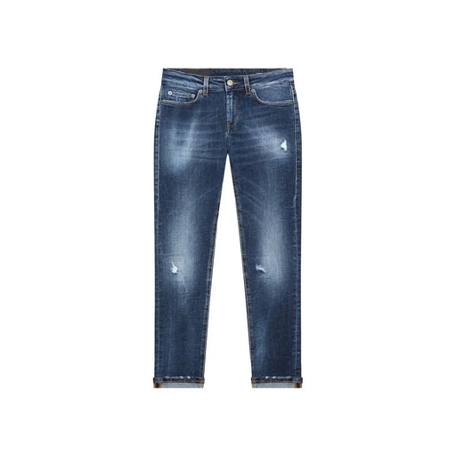 Dondup Jean en coton bleu déchiré pour femme, avec un délavage foncé subtil et des empiècements usés sur les cuisses.
