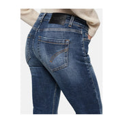 Dondup Jean en coton bleu foncé déchiré pour femme, dos visible, avec étiquette de marque en cuir noir à la taille