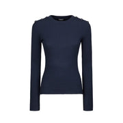 Dondup Pull bleu côtelé pour femme, en maille viscose mélangée, avec boutons décoratifs aux épaules et col rond.