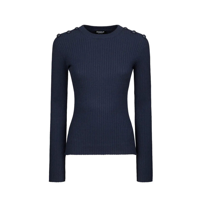 Dondup Pull bleu côtelé pour femme, en maille viscose mélangée, avec boutons décoratifs aux épaules et col rond.