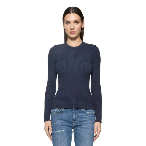 Pull en maille côtelée bleu marine avec boutons décoratifs aux épaules, en mélange de viscose, par Dondup tricots pour femmes