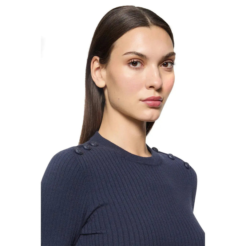 bleu marine Dondup Pull côtelé en maille viscose mélangée pour femme, col rond et boutons foncés aux épaules