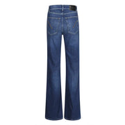 Dark blue distressed flared denim jeans with black leather patch for women Fall Winter collection