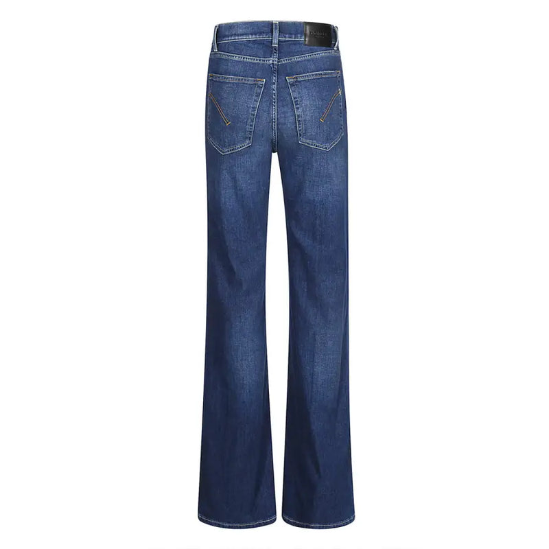 Dark blue distressed flared denim jeans with black leather patch for women Fall Winter collection