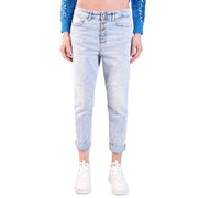Dondup Jean en denim de coton bleu clair pour femme, taille haute, fermeture boutonnée et ourlets roulés effet usé