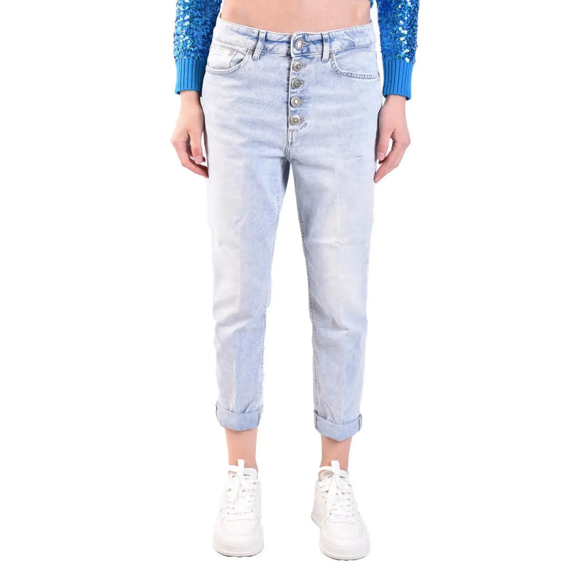 Dondup Jean en denim de coton bleu clair pour femme, taille haute, fermeture boutonnée et ourlets roulés effet usé
