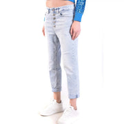 Dondup Jean en denim de coton bleu clair pour femme, taille haute, fermeture boutonnée, ourlets retroussés, effet délavé clair.