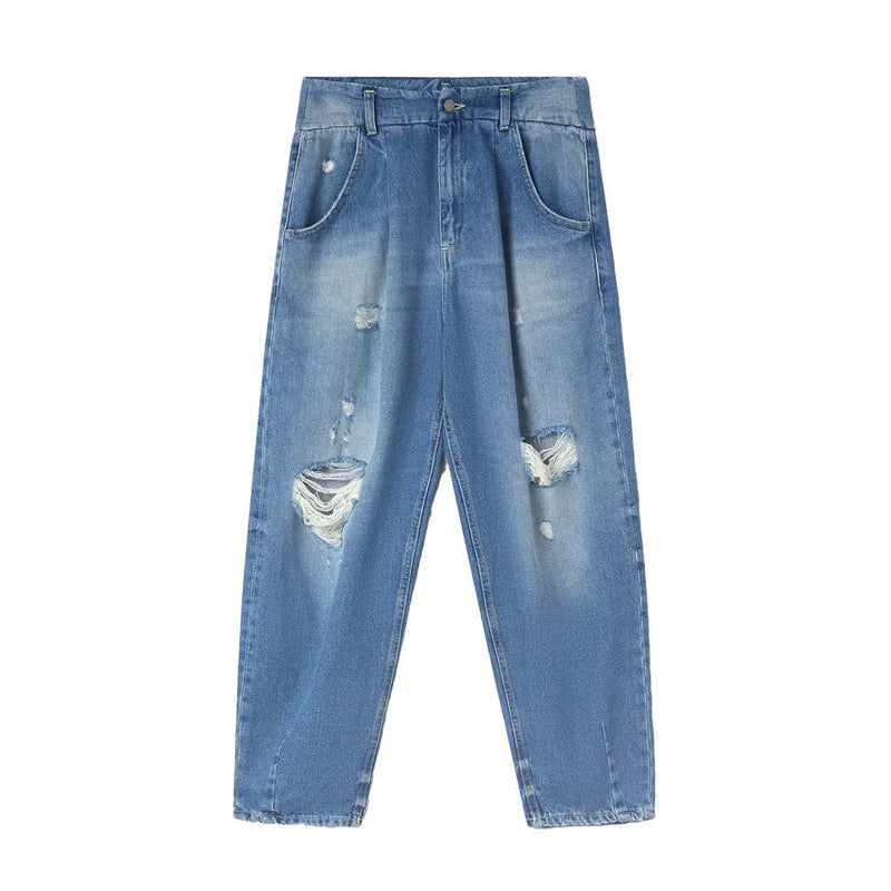 Dondup Jean en coton déchiré pour femme, denim bleu clair délavé avec détails déchirés et usés sur les cuisses et les genoux