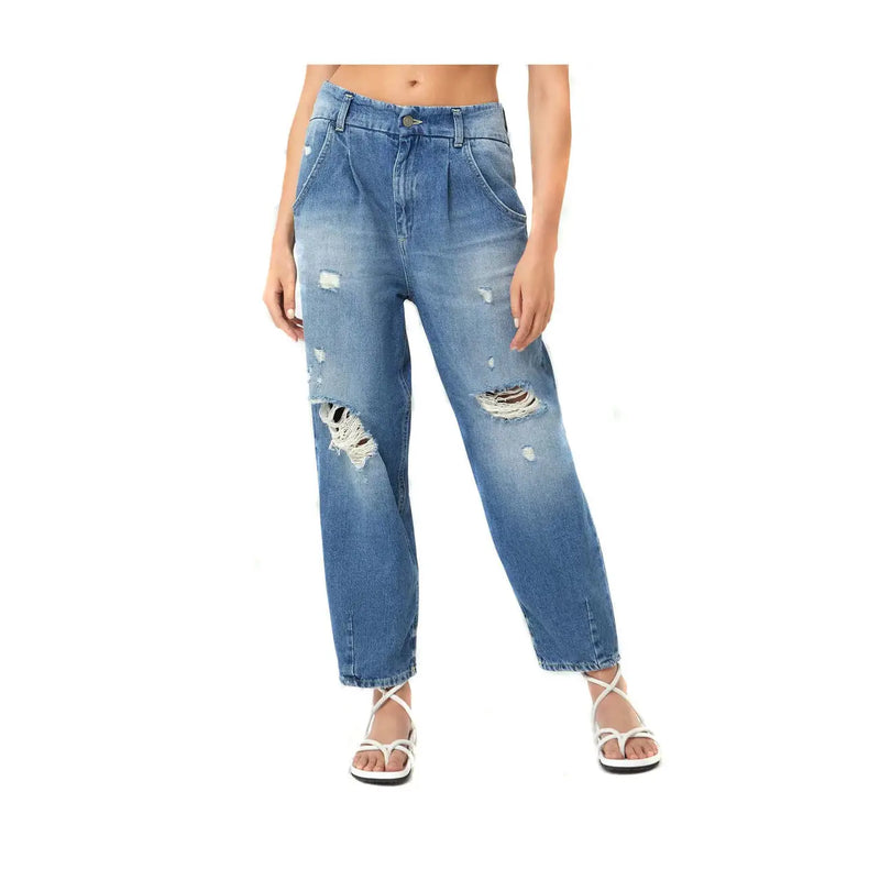 Dondup Jean en coton bleu déchiré pour femme, taille haute, coupe large et genoux déchirés à l'effet usé
