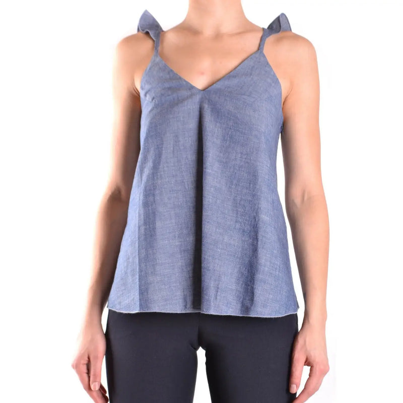 Un bleu clair Dondup femmes tank top confectionnée en lin et coton texturé, avec des bretelles à volants et un décolleté en V.