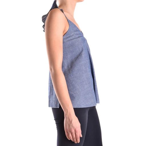 Dondup femmes tank top en coton bleu clair avec col en V, détails volantés aux épaules et fines bretelles
