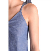 Dondup femmes tank top en lin texturé bleu clair avec de fines bretelles et un léger brillant, débardeur en coton à col en V sans manches