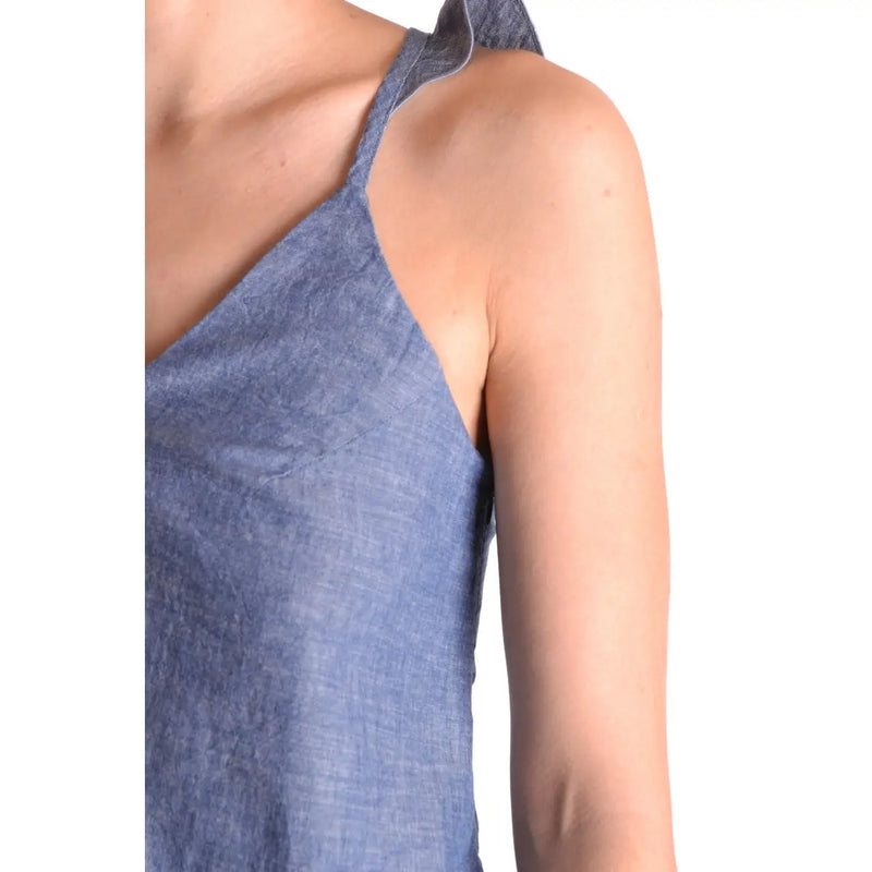 Dondup femmes tank top en lin texturé bleu clair avec de fines bretelles et un léger brillant, débardeur en coton à col en V sans manches