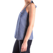 Dondup femmes tank top en lin bleu sans manches avec détail épaules nouées et col en V en mélange de coton