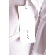 White rectangular brand tag with dondup vertical text on the back of a dondup women white viscose v neck blouse