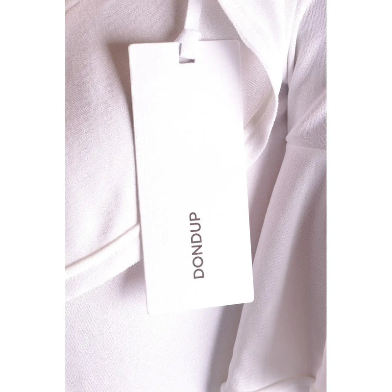 White rectangular brand tag with dondup vertical text on the back of a dondup women white viscose v neck blouse