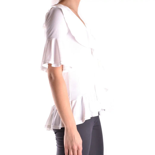 Dondup Chemisier blanc en viscose pour femme, col en V, manches et ourlet à volants (vue de face)