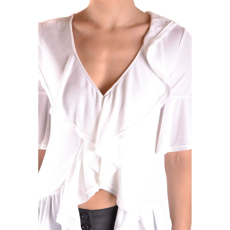 Dondup women white viscose blouse with ruffled short sleeves v neck and asymmetrical hem