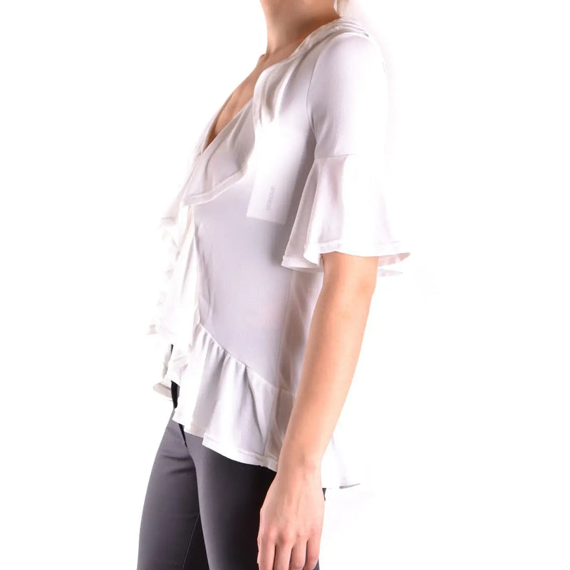 Dondup women white viscose blouse with v neck sheer fabric and ruffled sleeves and hem front view
