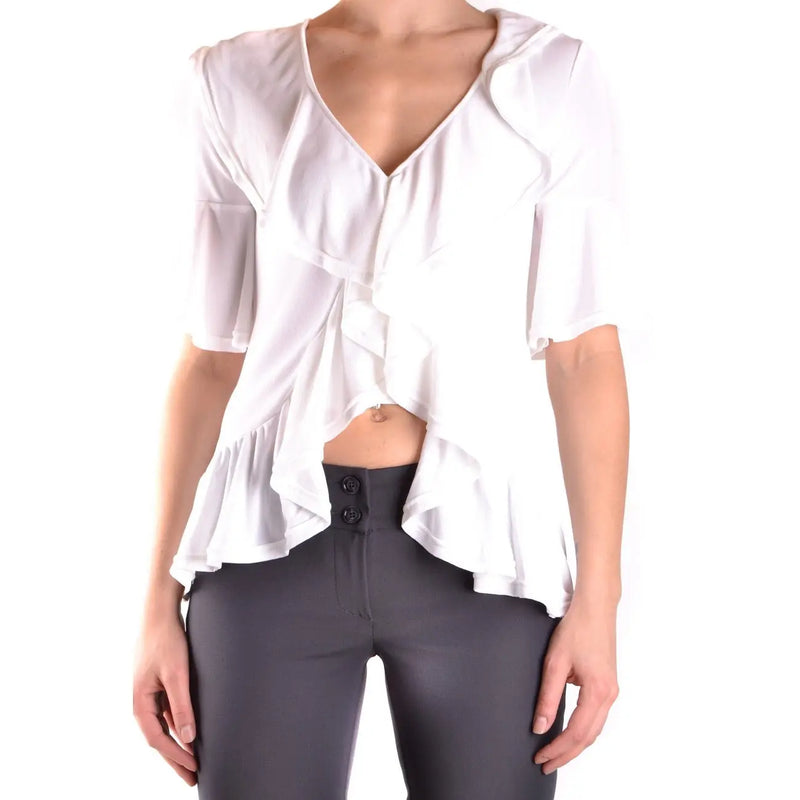Dondup women white viscose blouse with v-neckline, ruffled short sleeves, and asymmetrical hem