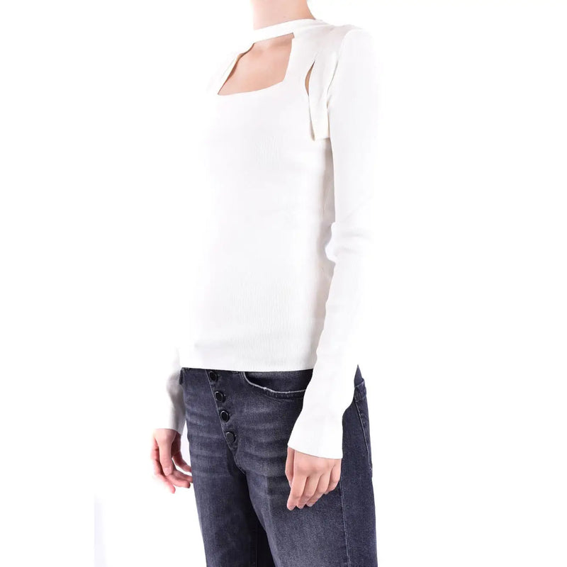 Dondup vêtements en maille de viscose blanche pour femmes top avec encolure carrée, manches longues et détails ajourés aux épaules