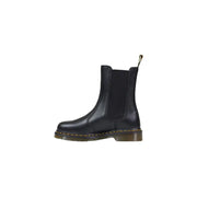 Dr Martens black leather ankle boots for women with yellow stitching and elastic side panels chelsea style