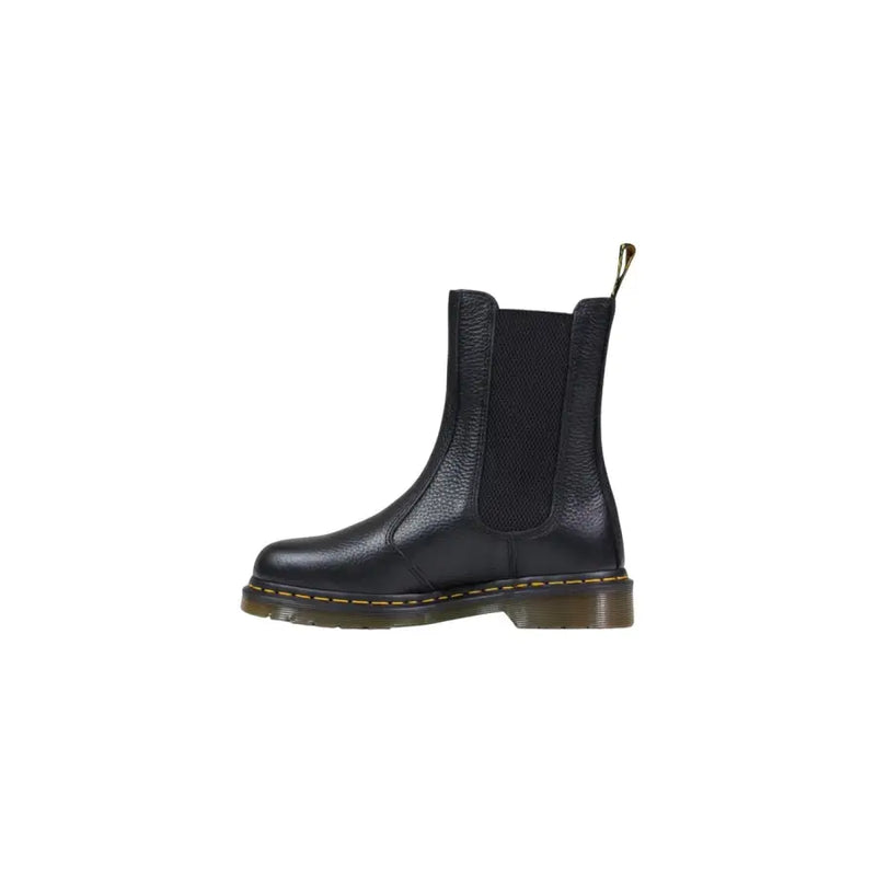 Dr Martens black leather ankle boots for women with yellow stitching and elastic side panels chelsea style