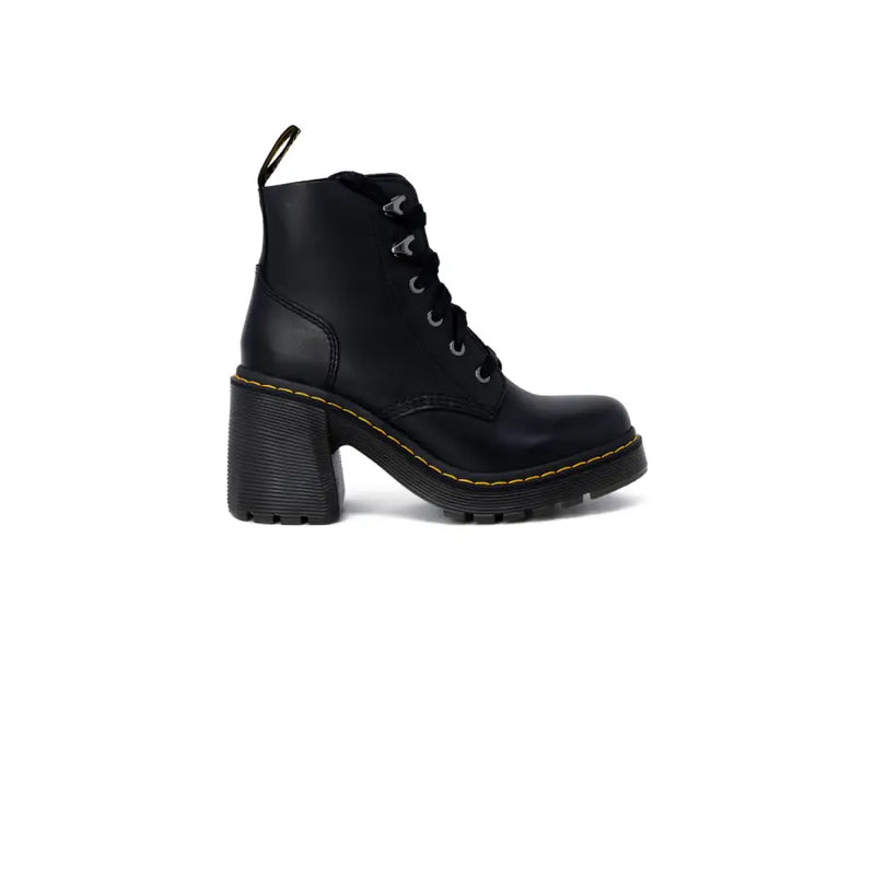Dr. Martens black leather womens ankle boot with chunky heel and yellow stitching, size 3