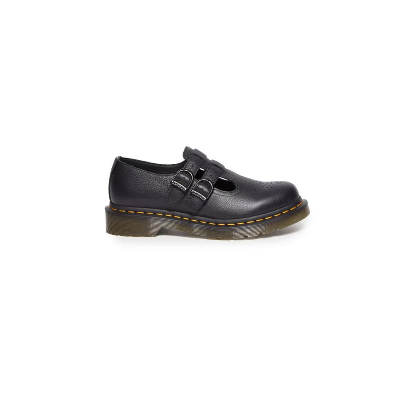 Black leather slip on shoes by dr martens size 3 showing back side detailing and stitching