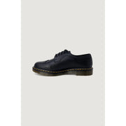 Chaussures Dr. Martens pour homme, en cuir noir, style brogue, à lacets, avec surpiqûres jaunes, pointure 3, vues de l'arrière.