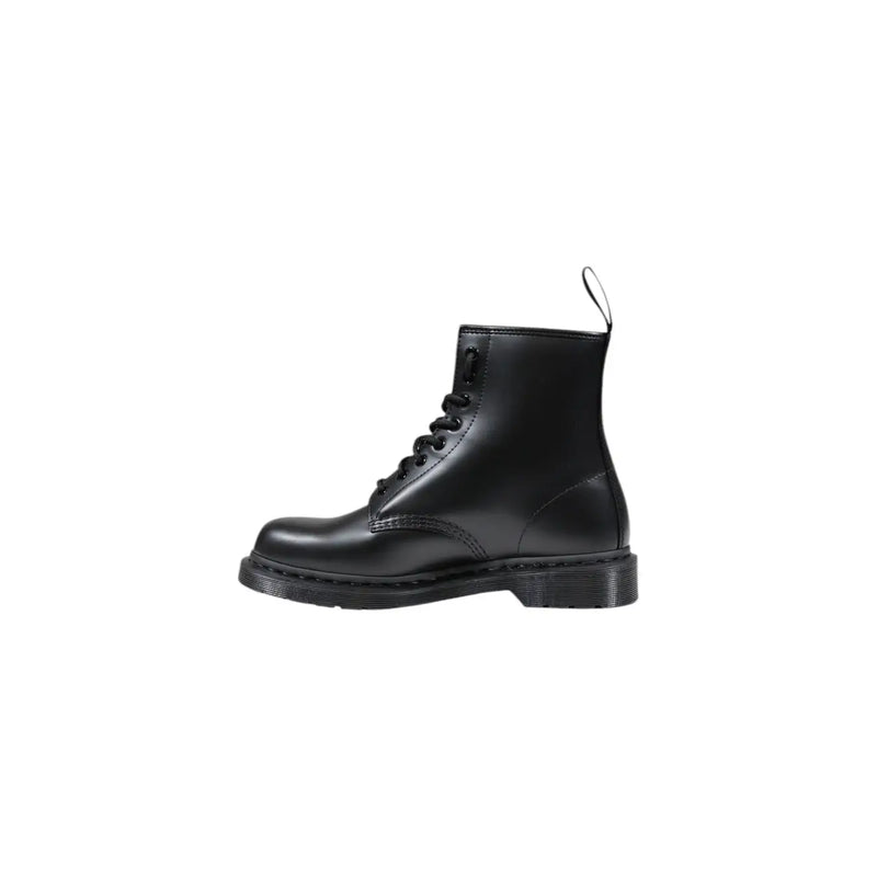 Bottes Dr. Martens pour homme en cuir noir à lacets, vues de l'arrière, avec un cuir résistant et un design classique.