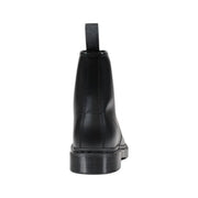 Bottes Dr. Martens homme en cuir noir à lacets, montrant l'arrière avec une semelle résistante et des coutures jaunes.