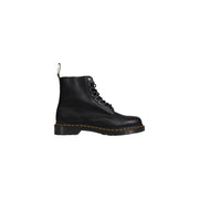 Bottes Dr Martens pour hommes en cuir noir à lacets, montrant l'arrière du cuir de qualité supérieure.