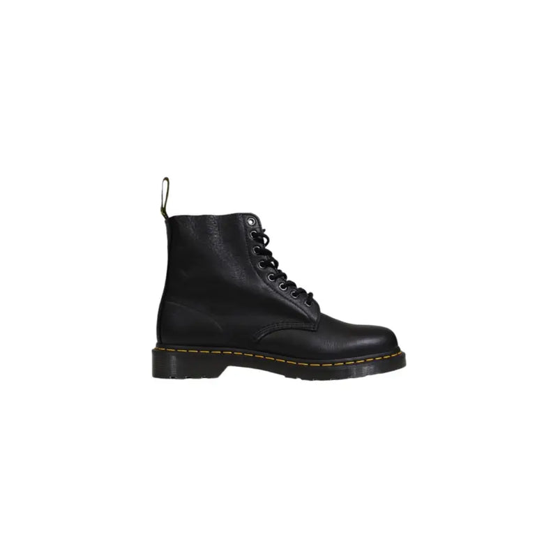 Bottes Dr Martens pour hommes en cuir noir à lacets, montrant l'arrière du cuir de qualité supérieure.