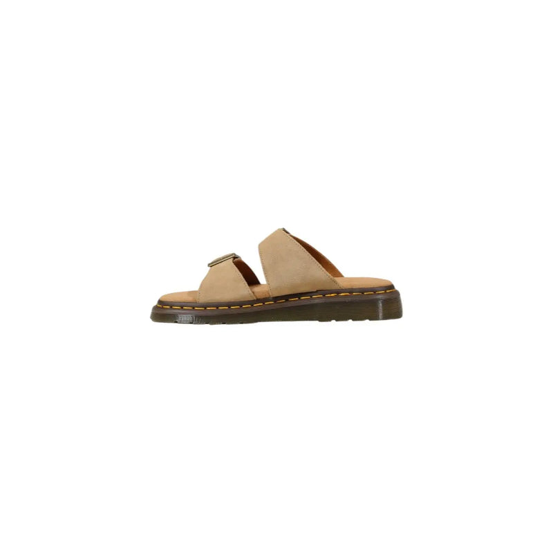 Dr Martens men leather slippers beige tan suede slide sandal with dark brown rubber sole and yellow stitching