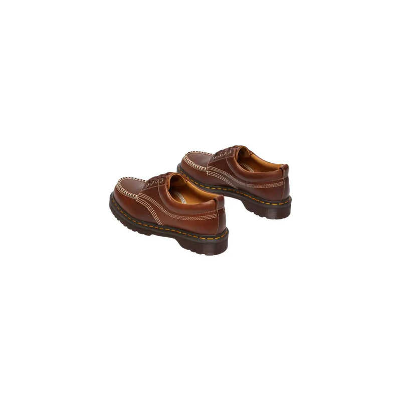 Dr Martens men lowell butterscotch brown leather lace up shoes with yellow stitching and chunky rubber sole