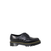 Dr martens men’s black leather lace-up shoes shown from the back side highlighting leather material and design