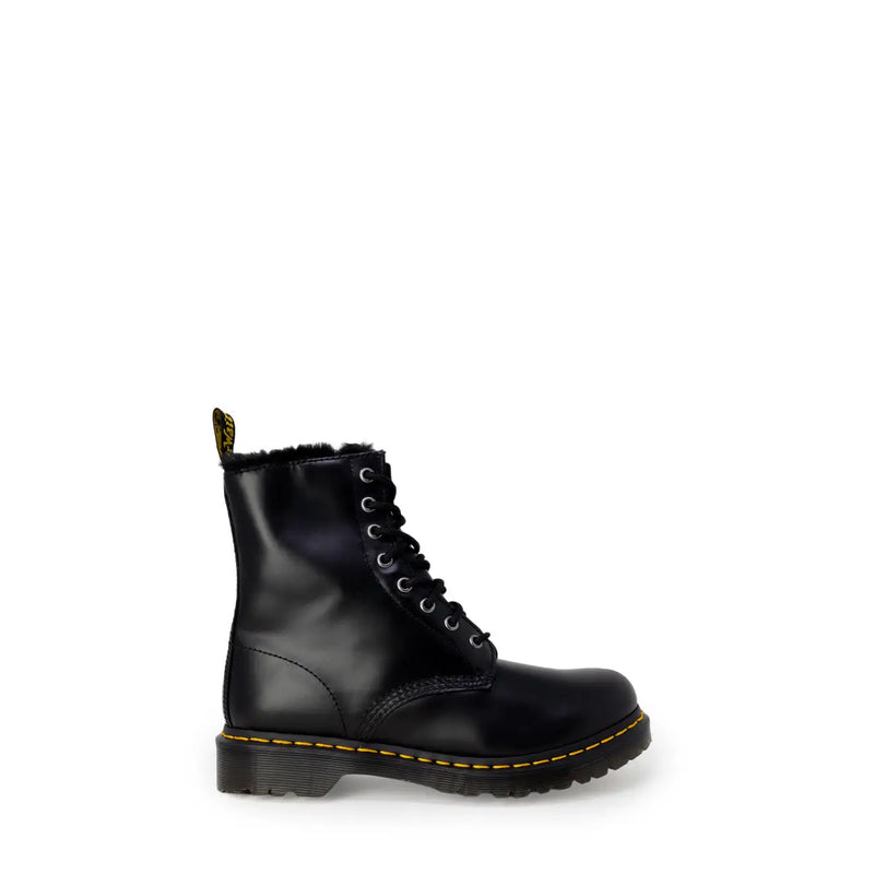 Dr Martens women black leather boots showing the back side designed for fall and winter use