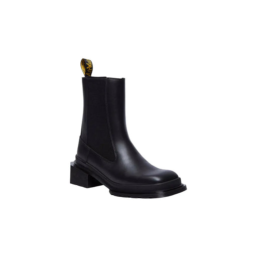 Vue arrière des bottines Chelsea Dr Martens pour femme en cuir noir, avec talon épais et languette dorée
