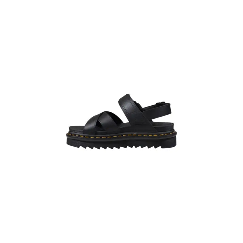 Dr Martens women black leather platform sandal with chunky sole yellow stitching and buckle closure